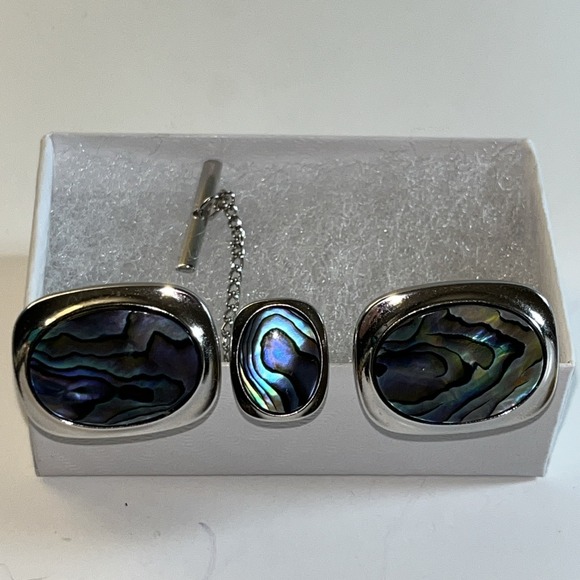 Abalone Cuff links And Tie Tack  With Chain Set Old Money Preppy Iridescent - Picture 1 of 10